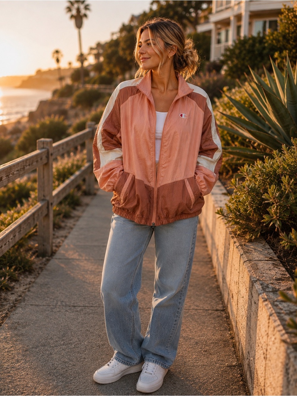 Champion Windbreaker Jacket Women’s Pink White Colorblock Y2K Oversized Full Zip